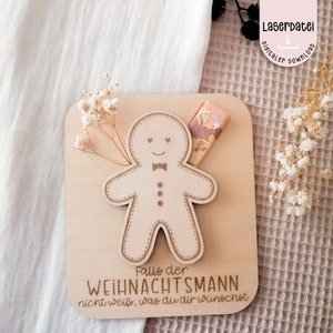 Laserbestand kleine wensvervuller Kerstmis peperkoekman geld cadeau houten kaart SVG laserbestand + commerciële licentie