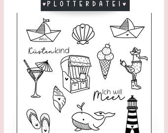 File plotter Set estivo marittimo Illustrazioni marine Faro Barca Gabbiano Sedia da spiaggia Decorazione SVG Incisione laser + licenza commerciale