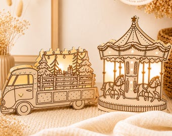 Laser file Christmas balloon light carousel Christmas truck winter light SVG tea light holder (only imitation) plywood SVG + commercial license