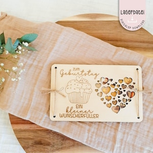 Laserbestand kleine wensvervuller geld cadeau houten kaart verjaardag muffin SVG laserbestand + commerciële licentie