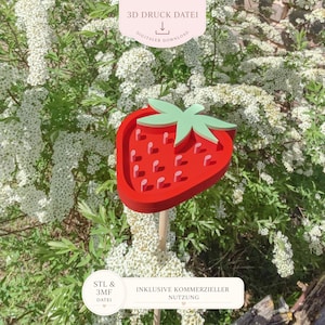 May include: A red strawberry-shaped garden stake with green leaves and small, pink seed details. The stake is on a wooden stick, set against a backdrop of white flowers and green foliage. Text on the image reads "3D Druck Datei" and "Digitaler Download".