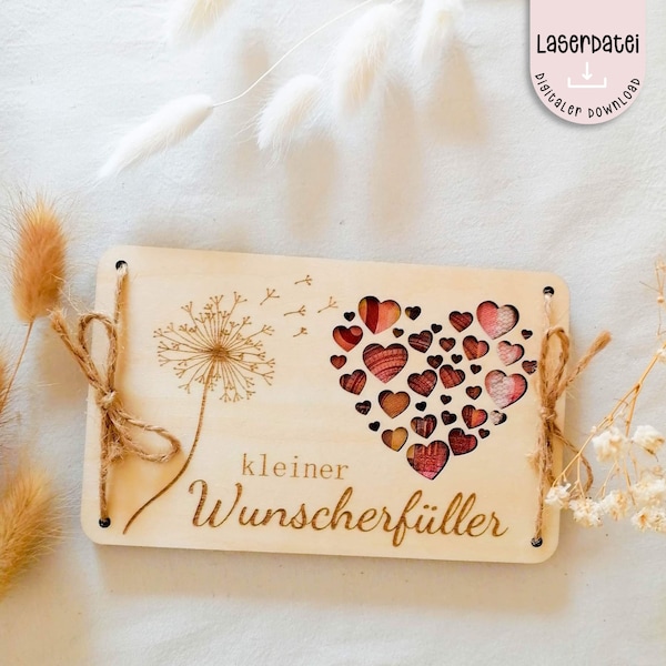 Archivo láser pequeño deseo cumplidor dinero regalo tarjeta de madera corazones de diente de león Precioso archivo SVG pintado a mano archivo láser