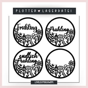 Könnte beinhalten: Vier schwarz-weiße Kreisdesigns mit floralen Elementen und dem Text "Frühling" und "endlich Frühling".