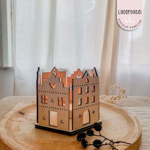 Fichier laser Porte-bougie à thé Chalet de Noël Village d’hiver Décoration d’amour Décoration de porte de l’Avent SVG pour contreplaqué de 3 mm + licence commerciale