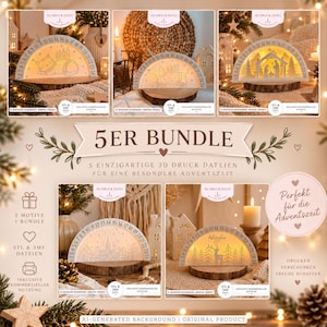 May include: A bundle of five semi-circular 3D printed advent calendars featuring various holiday designs including a cat, a dog, a nativity scene, a village, and a deer, each with numbered countdown dates from 1 to 24 and internal illumination.