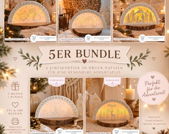 Könnte beinhalten: Ein Set aus fünf halbkreisförmigen 3D-gedruckten Adventskalendern mit verschiedenen weihnachtlichen Motiven wie Katze, Hund, Krippe, Dorf und Hirsch, jeweils mit nummerierten Zähltagen von 1 bis 24 und integrierter Innenbeleuchtung.