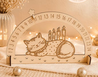 May include: A wooden arch-shaped advent calendar featuring an engraved sleeping cat with four candles numbered one through four on its back. The arch is marked with numbers one through twenty-four and includes a small star-shaped movable marker.