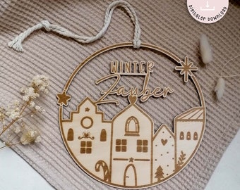 File laser Ghirlanda invernale Casa di Natale Loop Magia invernale SVG Ghirlanda per porta Inverno + Licenza commerciale
