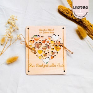 Laserdatei Geldgeschenk Hochzeit Holzkarte  en SVG Gravur Hand in Hand ein Leben lang + Gewerbelizenz