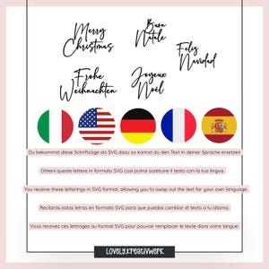 May include: A graphic featuring the words "Merry Christmas", "Buon Natale", and "Feliz Navidad" in elegant script. Below are flags of Italy, the United States, Germany, France, and Spain. Text in multiple languages explains the SVG format.