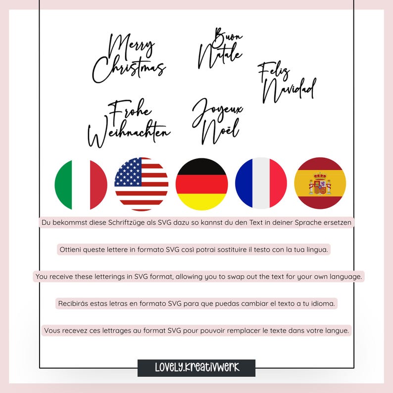 May include: A graphic featuring the words "Merry Christmas", "Buon Natale", and "Feliz Navidad" in elegant script. Below are flags of Italy, the United States, Germany, France, and Spain. Text in multiple languages explains the SVG format.