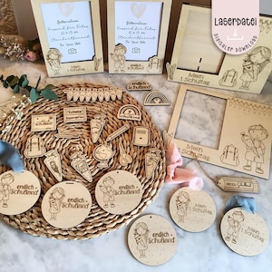 Pacchetto di iscrizione alla scuola con file laser, decorazione sparsa, ciondolo con cornice per foto ragazza ragazzo SVG decorazione infine bambino della scuola 2025 cono scolastico + licenza commerciale