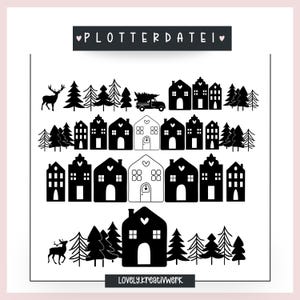 File plotter città invernale casa natalizia set di 4 illustrazioni natalizie SVG PNG + licenza commerciale