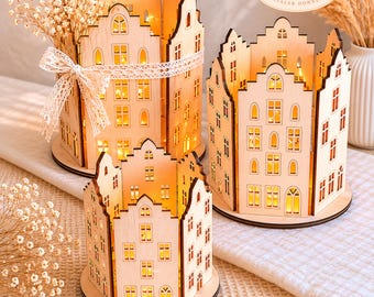 Laser file house lantern, little house love, tealight holder, lantern for 3 mm plywood, 3 SVG decorations, autumn/winter + commercial license