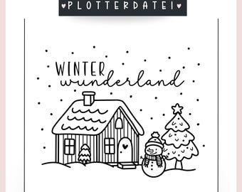 Plotterbestand huisje winter Kerstmis winter wonderland sneeuw spar lantaarn illustraties SVG + PNG lasergravering + commerciële licentie