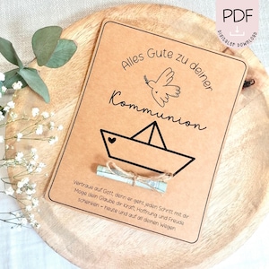Modèle d'impression de carte de vœux de communion, cadeau en argent, carte-cadeau PDF au format A4, modèle pour impression + licence commerciale