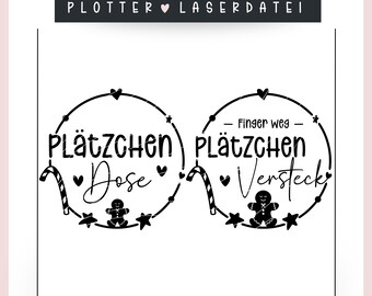 May include: Two black and white circular designs with gingerbread men and candy canes. The text reads "Plätzchen Dose" and "Finger weg - Plätzchen Versteck".