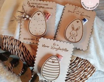 Plik laserowy z prezentami wielkanocnymi w postaci pieniędzy, jajko, mały spełniający życzenia, wiosenny króliczek, zabawny prezent w postaci jajka wielkanocnego, 3 pliki SVG z licencją komercyjną