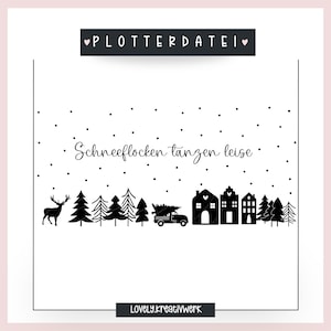 May include: Black and white illustration of a winter scene with a truck carrying a Christmas tree, houses, and a deer. The text "Schneeflocken tanzen leise" is written in cursive.
