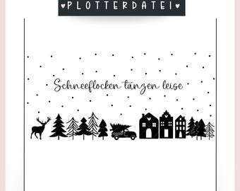 May include: Black and white illustration of a winter scene with a truck carrying a Christmas tree, houses, and a deer. The text "Schneeflocken tanzen leise" is written in cursive.