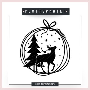 May include: Black and white silhouette design of a deer and a pine tree inside a circle with a bow on top. The design is surrounded by small stars. The text "PLOTTERDATEI" is at the top of the image and "LOVELY.kreativWerk" is at the bottom.