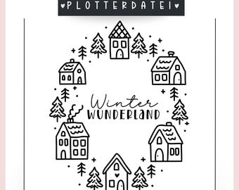Plotterbestand huisje winter Kerstmis winter wonderland sneeuw spar lantaarn illustraties SVG + PNG lasergravering + commerciële licentie