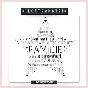 Peut inclure: Graphisme noir et blanc en forme d'étoile remplie de mots allemands liés à la famille et à Noël. Les mots incluent "Familie", "Weihnachtsmarkt" et "Liebe". Le texte est sur fond blanc avec un bord rose.