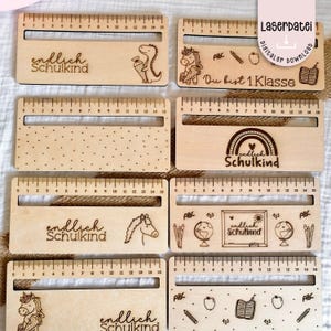 Hulpmiddel voor het lezen van laserbestanden met liniaal, schoolkegel, schoolinschrijving, eindelijk schoolkind, SVG 1e klas, 8 bestanden + commerciële licentie