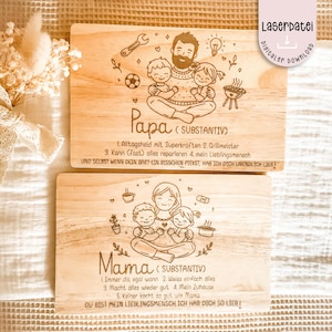 Puede incluir: Dos placas de madera con ilustraciones y texto grabados. Una presenta una figura paterna con niños, etiquetada como "Papa", y la otra una figura materna con niños, etiquetada como "Mama". Ambas placas tienen texto adicional.
