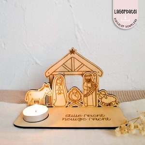 Archivo láser Belén navideño pequeña decoración de luz de té Adviento Jesús niño Belén navideño para madera contrachapada de 3 mm SVG + licencia comercial