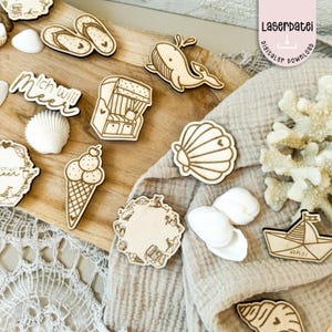 File laser con magneti, illustrazione di sedie da spiaggia, faro, vacanza estiva marittima, decorazione sparsa disegnata a mano, regalo, file SVG laser + licenza commerciale