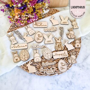 Colgante decorativo para Pascua con diseño de conejo de Pascua, archivo láser SVG, con texto "Feliz Pascua", corazones y primavera, con licencia comercial