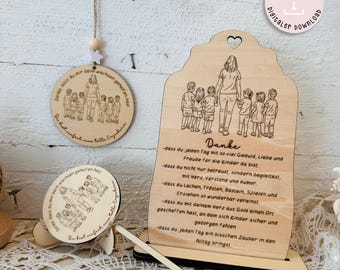 Archivo láser para maestra de jardín de infantes con corazón, despedida, gracias, soporte, clavija de madera de 3 mm y etiqueta, archivo láser SVG, diciendo gracias + licencia comercial