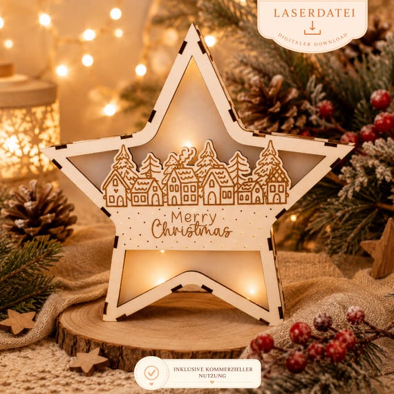Laserdatei Weihnachten Leuchtstern Merry Christmas Häuschen Winterstadt Hygge Weihnachten Deko Advent SVG + DXF + Gewerbelizenz