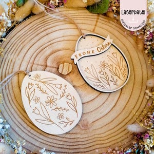 Fichier laser Pendentif de Pâques Décoration d'oeuf de lapin de Pâques Pendentif de Pâques coeurs fleurs sauvages de printemps 2 Fichier laser SVG + licence commerciale
