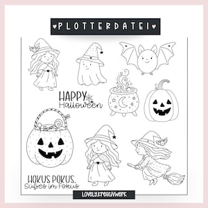 May include: Black and white Halloween-themed illustrations. Includes a witch, ghost, bat, cauldron, jack-o'-lantern, candy basket, and text that says "Happy Halloween" and "Hokus Pokus. Süßes im Fokus."