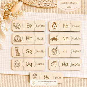Könnte beinhalten: Holzpuzzle mit Buchstaben, eingravierten Illustrationen und den entsprechenden deutschen Wörtern. Jedes Teil zeigt einen Buchstaben, ein Bild und das deutsche Wort für das Bild. Enthält Bilder von Elefant, Pinguin, Haus, Nudeln, Giraffe, Joghurt, Qualle, Apfel und Yoga.