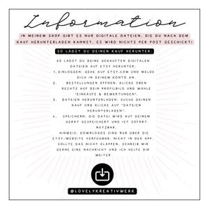 May include: A white rectangular graphic with black handwritten text. The text provides instructions on how to download digital files purchased from the shop. The graphic includes the shop's Instagram handle at the bottom.