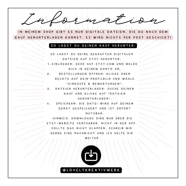 May include: A white rectangular graphic with black handwritten text. The text provides instructions on how to download digital files purchased from the shop. The graphic includes the shop's Instagram handle at the bottom.