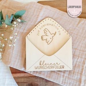 Laserdatei kleiner Wunscherfüller Geldgeschenk zur Konfirmation Taube Holz Umschlag SVG  Laserdatei + Gewerbelizenz