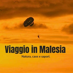 Può includere: Copertina di libro con cielo arancione. Un paracadutista scende e un paracadute è aperto. Il titolo "Viaggio in Malesia" è in grandi lettere nere, con testo sottostante. Nomi degli autori in basso.