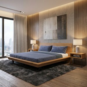 Op de afbeelding: Een laag platformbedframe van hout met een lichthouten hoofdeinde, voorzien van een blauw matras en kussens. Aan weerszijden staan houten nachtkastjes met witte lampen. Een groot abstract schilderij hangt aan de muur boven het bed.