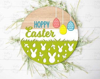 Spring Easter Door Hanger SVG, Hoppy Easter Round Sign laser cut file, Spring sign laser cut design, Glowforge svg