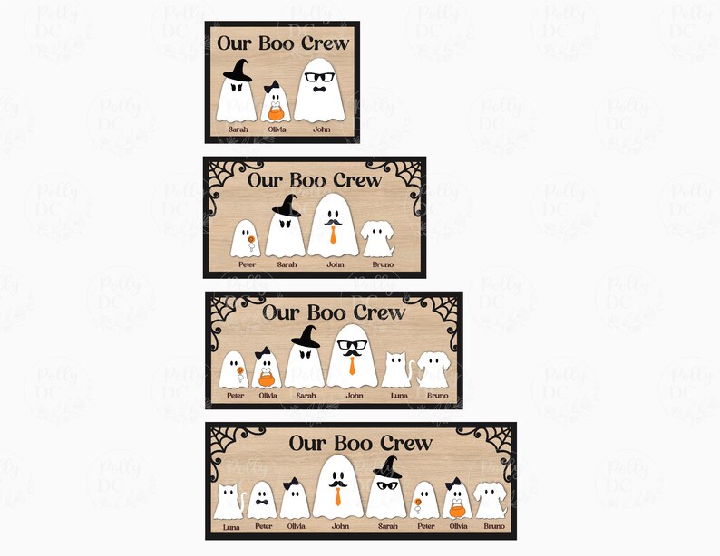 Puede incluir: Cuatro letreros de madera de diferentes tama&ntilde;os con un borde negro y un dise&ntilde;o de telara&ntilde;a. Cada letrero dice "Our Boo Crew" y presenta una familia de fantasmas con diferentes sombreros y accesorios. Los nombres de los miembros de la familia se enumeran debajo de cada fantasma.