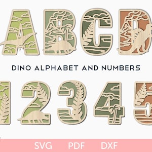 Dino-Buchstaben und Zahlen SVG, Laser geschnittene Datei, Dino-Buchstaben, 26 Alphabet-Buchstaben, 10 Dinosaurier-Zahlen, Buchstaben für Kinder, Zahlen für Kinder