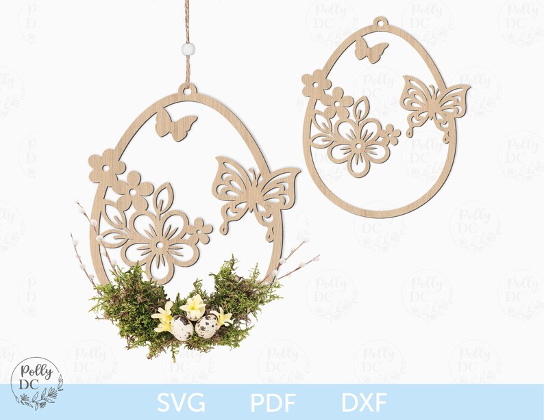 May include: Two wooden Easter egg-shaped ornaments with intricate cut-out designs. One ornament features a butterfly and floral details, while the other has a nest with three eggs and a floral design.