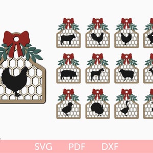 Farmhouse Animal Ornament SVG, Farmhouse Chicken Wire Ornament cut file, Farmhouse Cow Tag Hanging Decor, Christmas hanging ornament cutouts