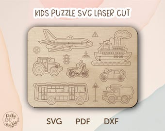 Vehicles Puzzle laser cut file, Montessori Educational toy SVG, Toddler Puzzle toy laser cut file, Kids Puzzle toy SVG, Glowforge SVG