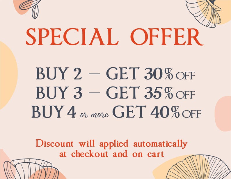 Op de afbeelding: Een afbeelding met een speciale aanbieding voor het kopen van meerdere items. De tekst luidt: "SPECIALE AANBIEDING KOPEN 2 - KRIJG 30% KORTING KOPEN 3 - KRIJG 35% KORTING KOPEN 4 of meer KRIJG 40% KORTING De korting wordt automatisch toegepast bij het afrekenen en in de winkelwagen"
