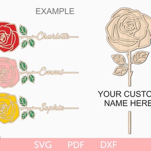 Fichier laser SVG rose personnalisé, rose avec nom découpé sur mesure, fichier laser svg rose cadeau, rose découpé au laser en couches, fête des mères